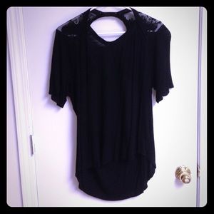 Black 3/4 sleeve t with open back and lace accent