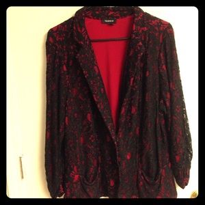 Red silky two button blazer with lace overlay