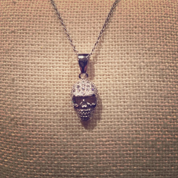 White Gold Sterling Silver Diamond Skull Necklace - Picture 3 of 3