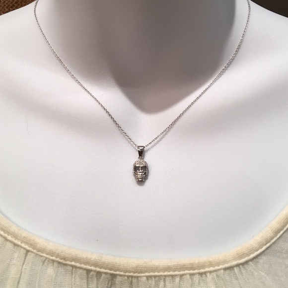 White Gold Sterling Silver Diamond Skull Necklace - Picture 2 of 3