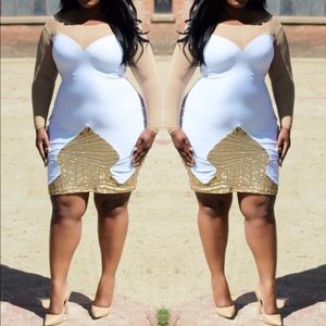 Plus size gold sequin midi. Back view shown.