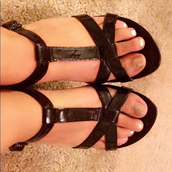 Black Strap Kitten Wedges