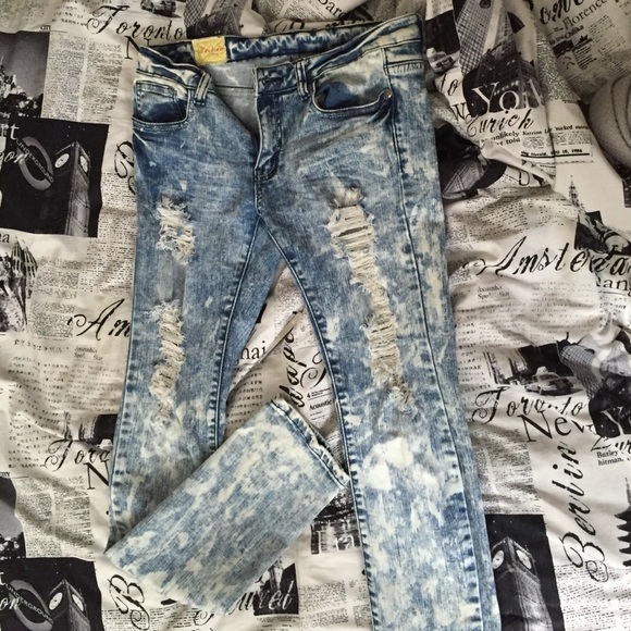 Distressed acid wash jeans