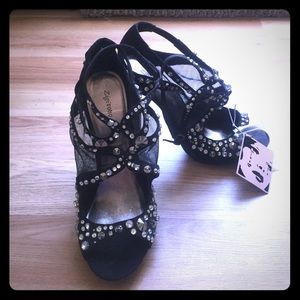 Gem, studded, mesh suede heels.