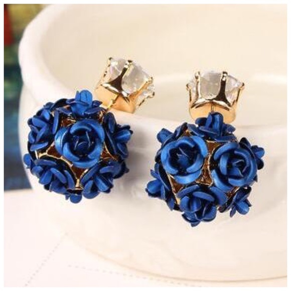 Jewelry - ED39 Blue Metallic Flower Double Sided Earrings