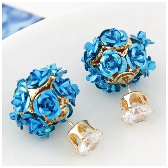 🌺 ED39 Teal Flower Double Sided Earrings - Picture 2 of 4