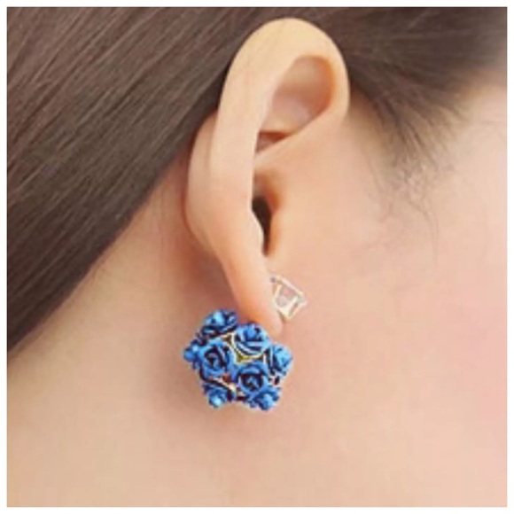 🌺 ED39 Teal Flower Double Sided Earrings - Picture 4 of 4