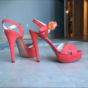 Prada coral suede baroque platform sandals