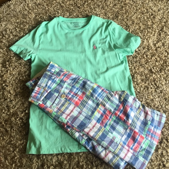 Men's Plaid shorts& lime green Ralph Lauren shirt