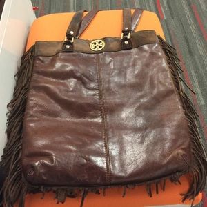 large Tory Burch Boho fringe leather brown bag
