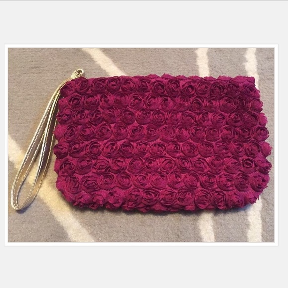 NEW Burgundy Rose Rosette Wristlet / Cosmetic Bag