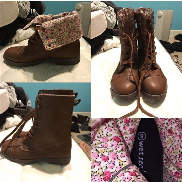 Brown combat boots with floral inside