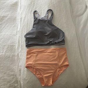 Striped High Neck swim top & high waisted bottoms