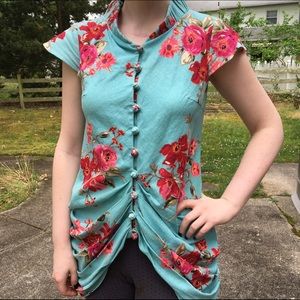 Handmade Blue Linen Chinese Blouse, EUC