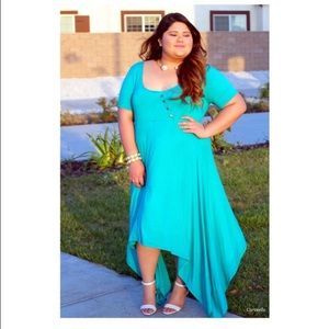 Tiffany blue handkerchief maxi dress.
