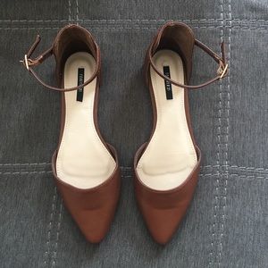 Brown pointy toe ankle strap flats