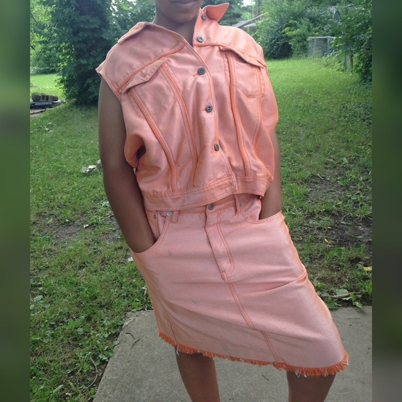 Orange denim jacket and matching skirt