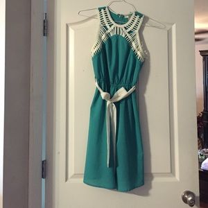 Teal dress.