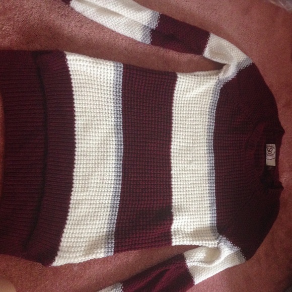 Maroon, white, and gray striped sweater