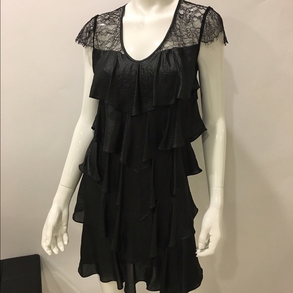 BCBG MaxAzria Black Ruffle & Lace Trim Mini Dress