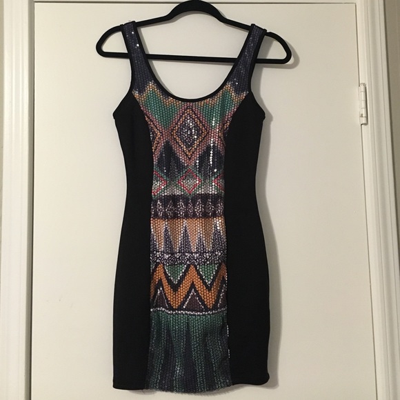 Material girl sequin tribal print bodycondress