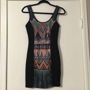 Material girl sequin tribal print bodycondress
