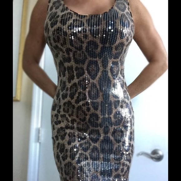 Swoon Party Holiday Leopard Print Sequin Bodycon Mini Dress
