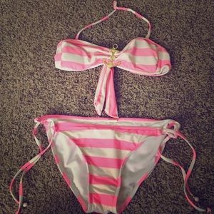 Pink and white striped bikini swimsuit