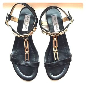 Jimmy Choo black leather sandals with gold detail