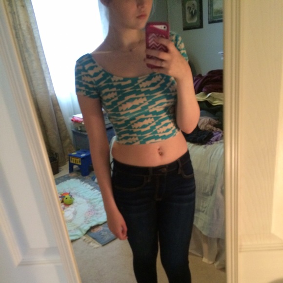 Blue tribal twist back crop top