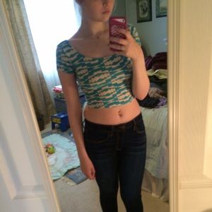 Blue tribal twist back crop top