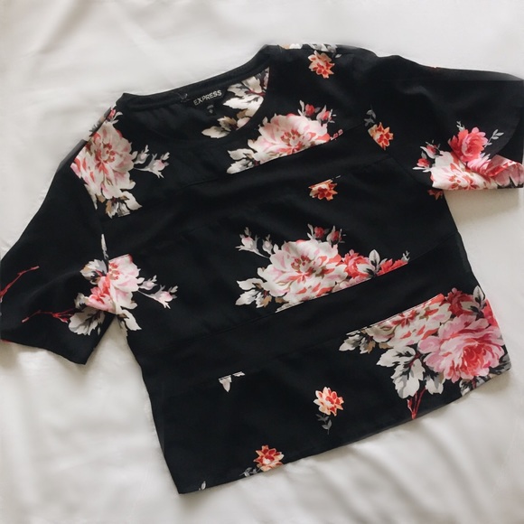 Express Tops - Floral Top with Sheer Detailing Express Tops - Floral Top with Sheer Detailing