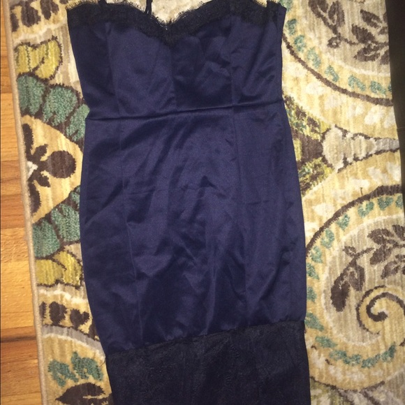 Navy blue slip dress with black lace