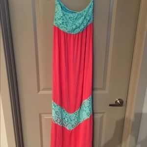 Maxi dress coral w/ teal lace