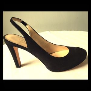 Sling back, black suede round toe high heels.