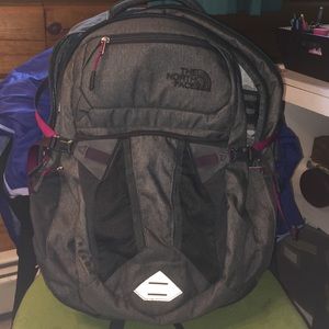 Grey and purple recon north face backpack