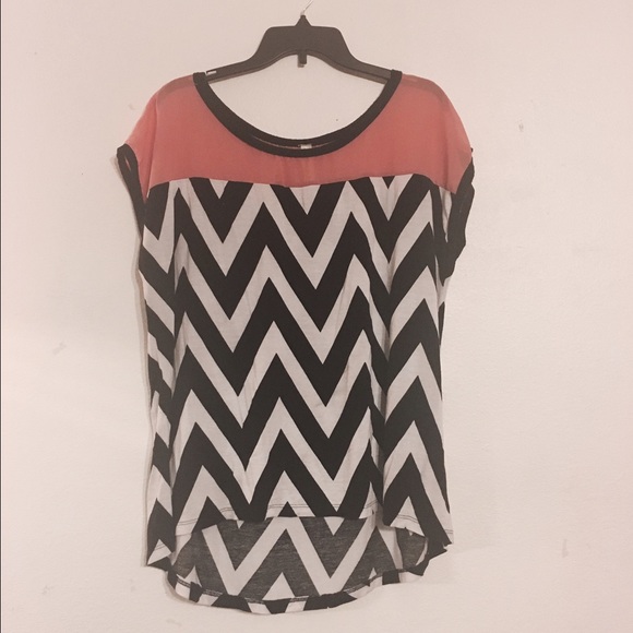 Black and white chevron shirt with pink mesh top