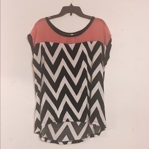 Black and white chevron shirt with pink mesh top