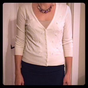 Ann Taylor off white 3/4 sleeve beaded cardigan