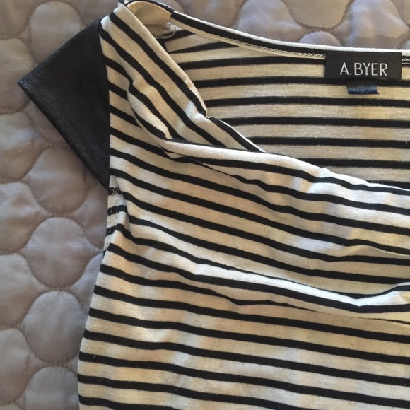 Black striped leather cap sleeve accent blouse