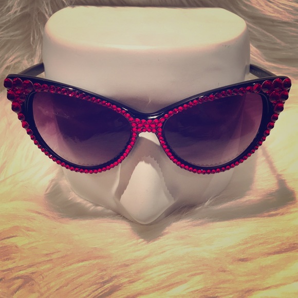 Cateye Red Swarvoski crystal on black Sunglasses.