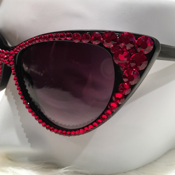 Cateye Red Swarvoski crystal on black Sunglasses.