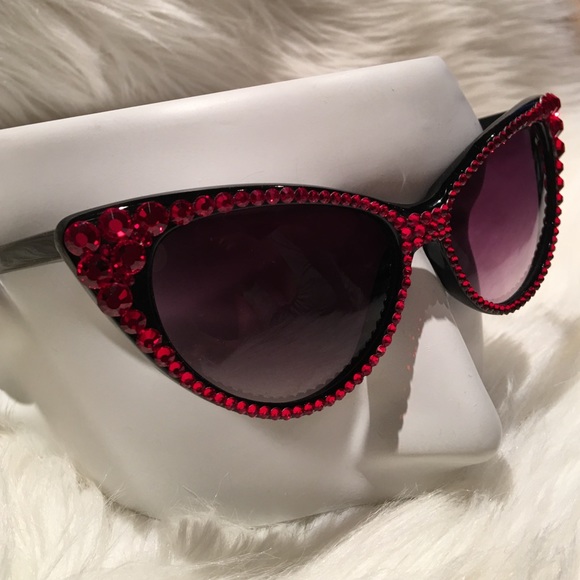 Cateye Red Swarvoski crystal on black Sunglasses. main image 4