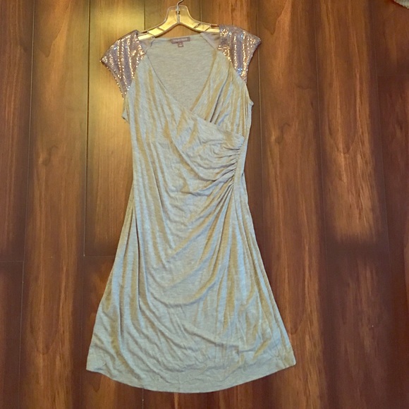 Heather Grey Wrap Dress w/ Sequins Cap Sleeve
