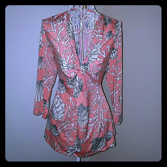 Boston Proper Knot Baby Doll Top in Coral Pattern