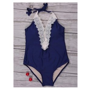 Blue lace v-neck one piece swimsuit.