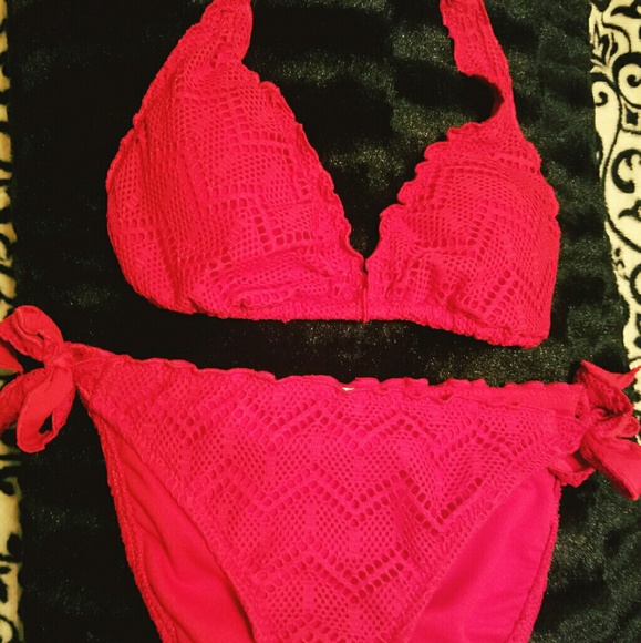Red mesh halter/side tie bikini