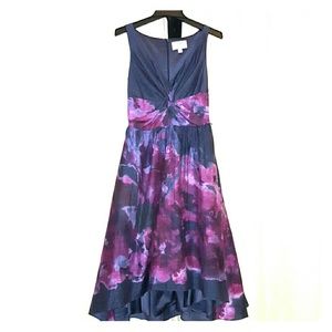 NEIMAN MARCUS LELA ROSE ASYMMETRICAL MIDI DRESS