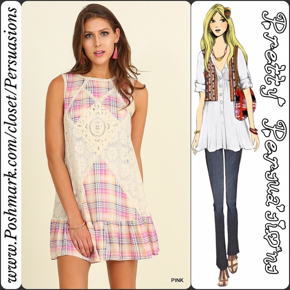 Sold Pink Plaid & Lace Sleeveless Angel Mini Dress - Picture 2 of 4