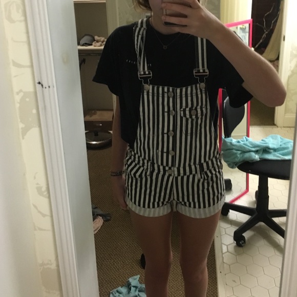 black and white stripped overalls